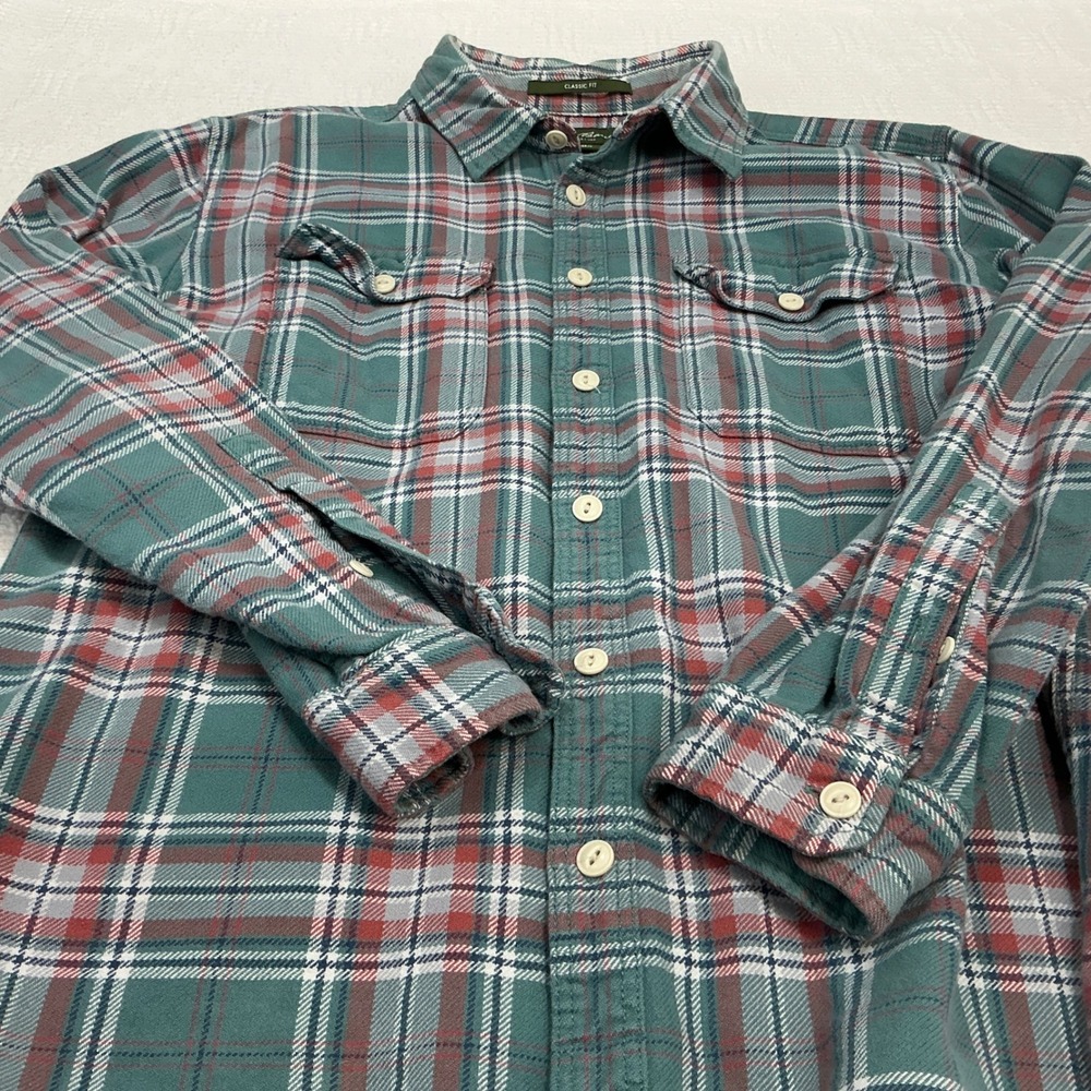 Eddie Bauer Mens Classic Fit Flannel Shirt Large Teal Red Plaid Long Sleeve L - Picture 9 of 10